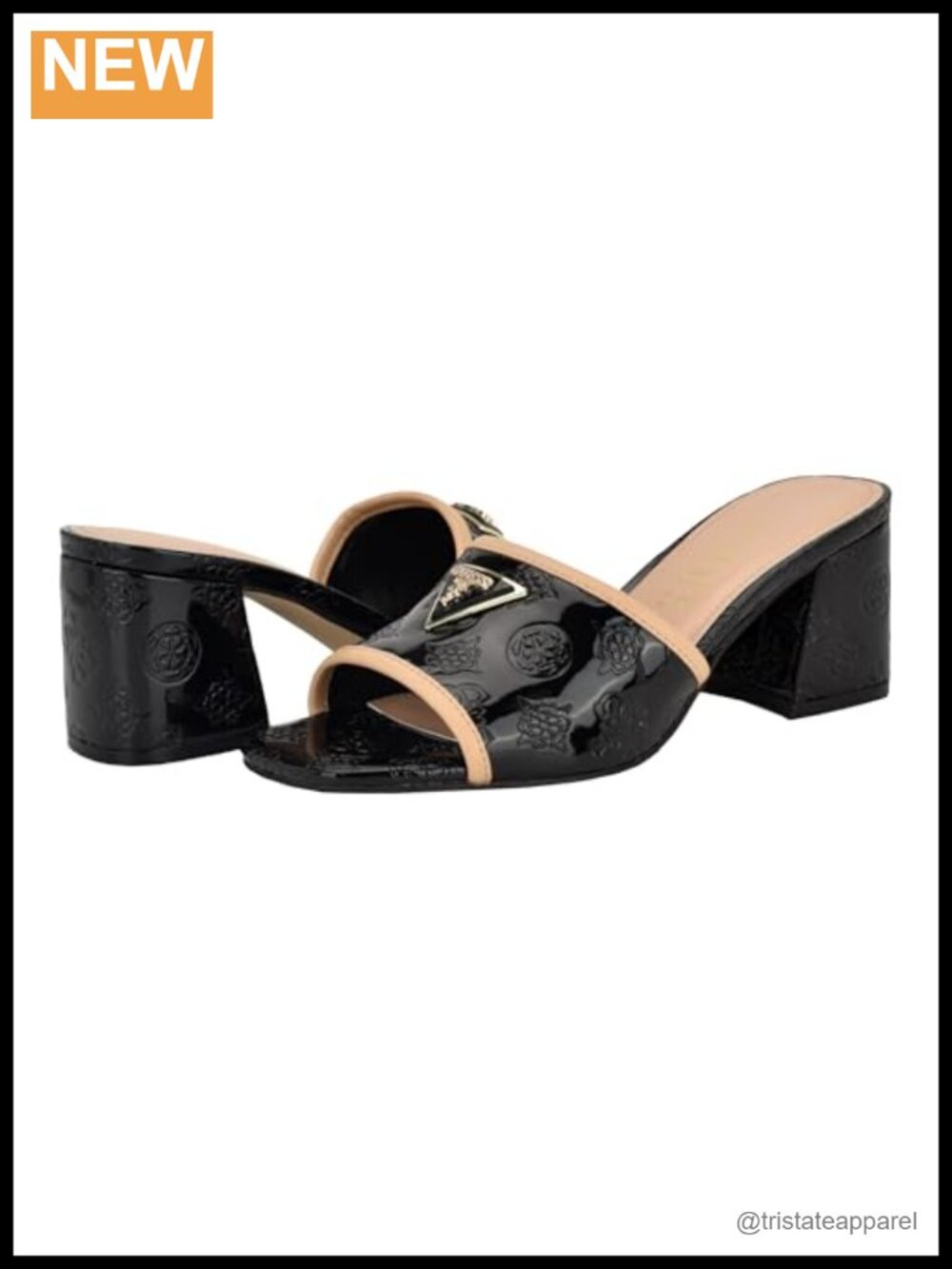 Faux Patent Leather Block Heel Mules Open Square Toe Slip On Sandals